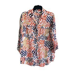 Cabi #404 Button Down Shirt Top Size M White Orange Geometric Long Sleeve E004